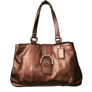 Coach Bronze Leather Tote Bag With Buckle Accent & Dual Handles